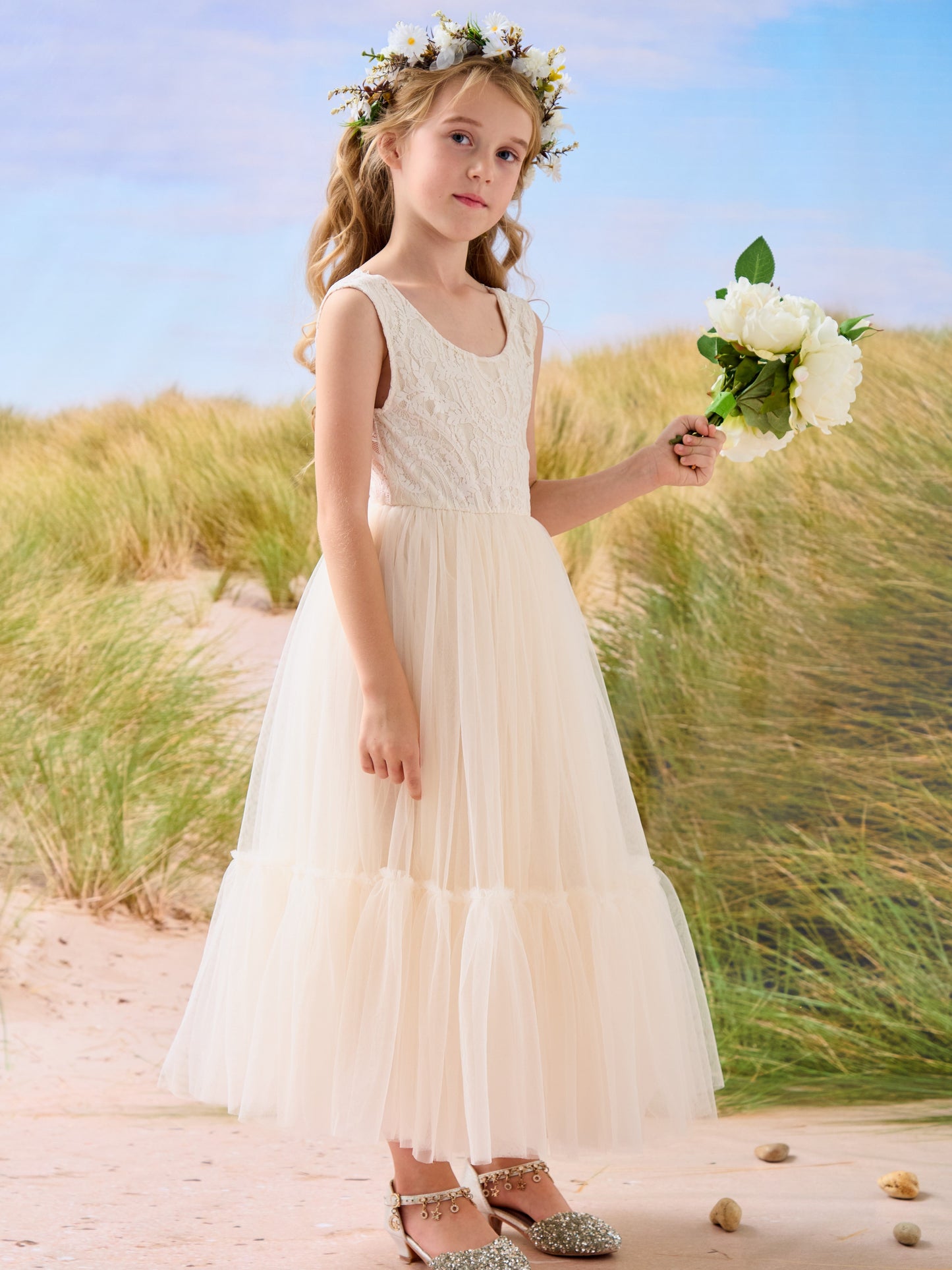 Lace Tulle Floor-length Boho Flower Girl Dress