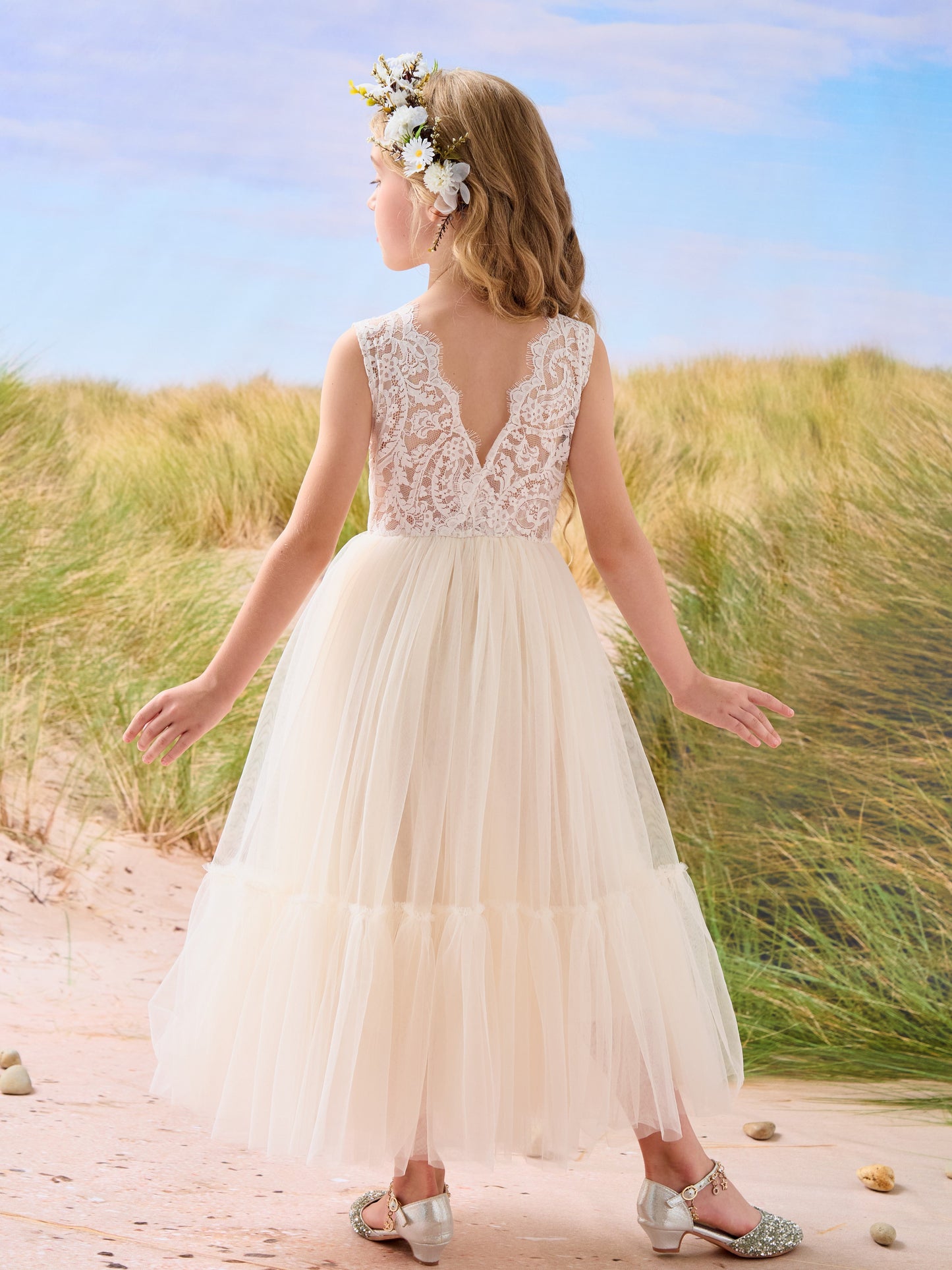 Lace Tulle Floor-length Boho Flower Girl Dress