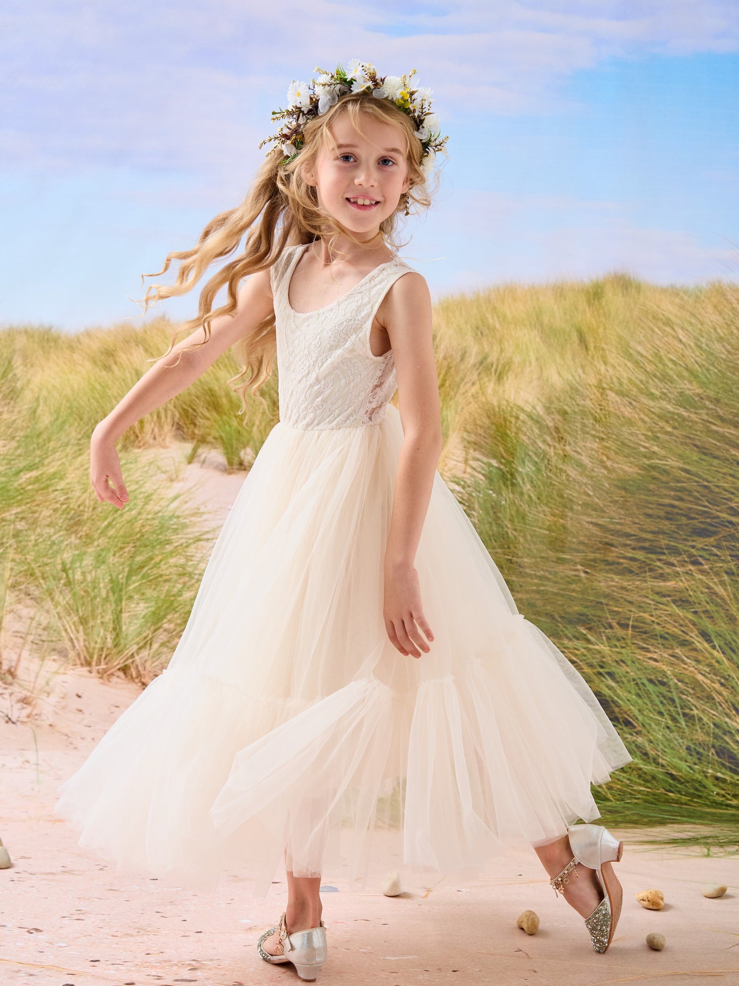 Lace Tulle Floor-length Boho Flower Girl Dress