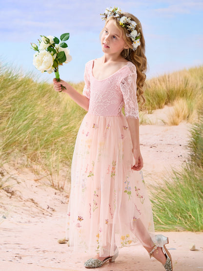 Sage Scoop Neck Cloth Surface and Tulle Flower Girl Dress (2003227581)