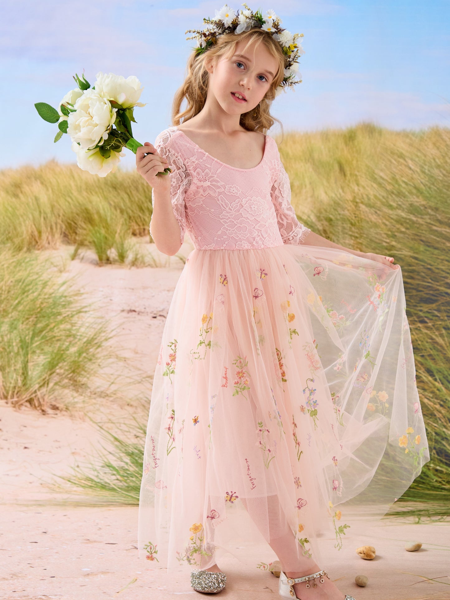 Sage Scoop Neck Cloth Surface and Tulle Flower Girl Dress (2003227581)