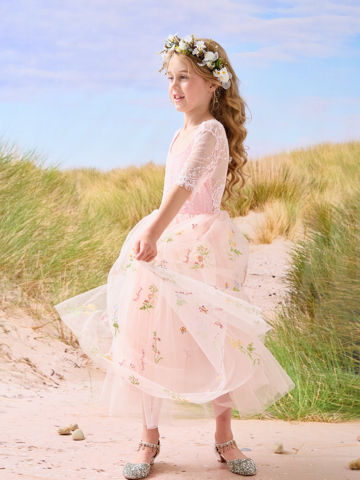 Sage Scoop Neck Cloth Surface and Tulle Flower Girl Dress (2003227581)