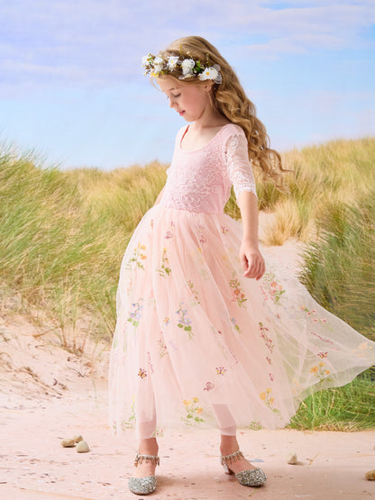 Sage Scoop Neck Cloth Surface and Tulle Flower Girl Dress (2003227581)