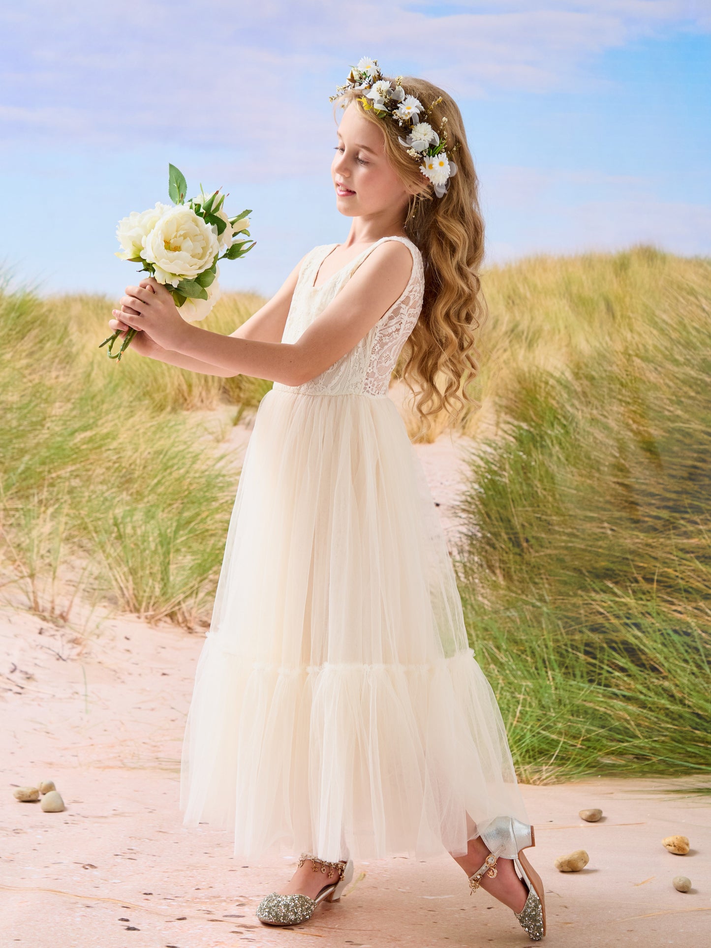 Lace Tulle Floor-length Boho Flower Girl Dress