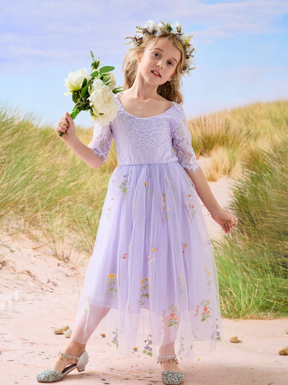 Sage Scoop Neck Cloth Surface and Tulle Flower Girl Dress (2003227581)