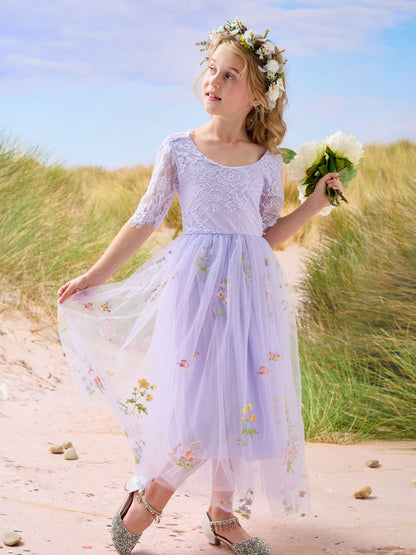 Sage Scoop Neck Cloth Surface and Tulle Flower Girl Dress (2003227581)