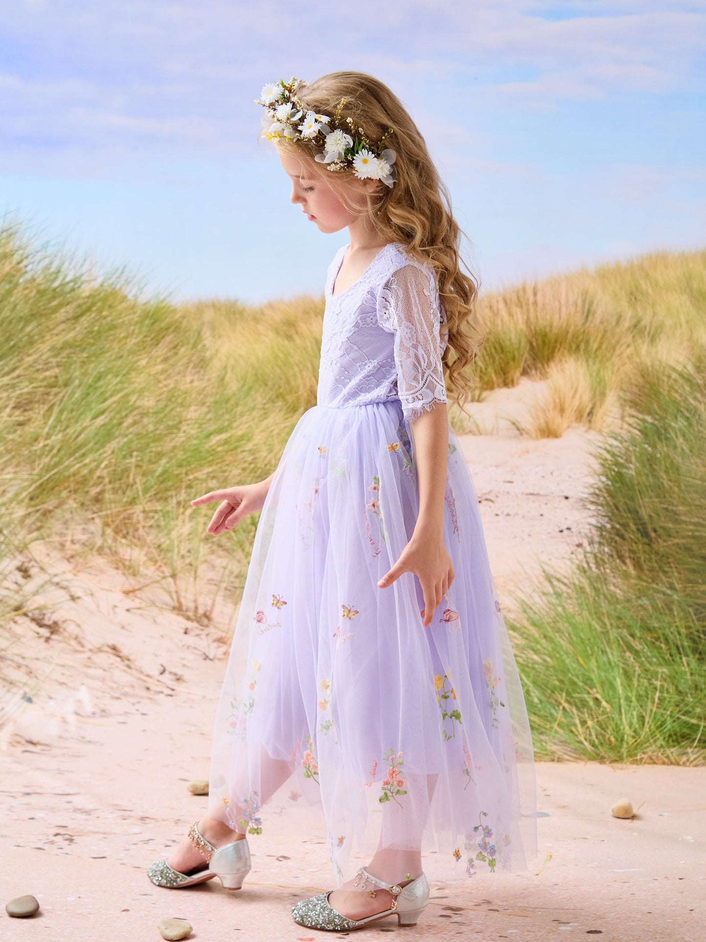 Sage Scoop Neck Cloth Surface and Tulle Flower Girl Dress (2003227581)