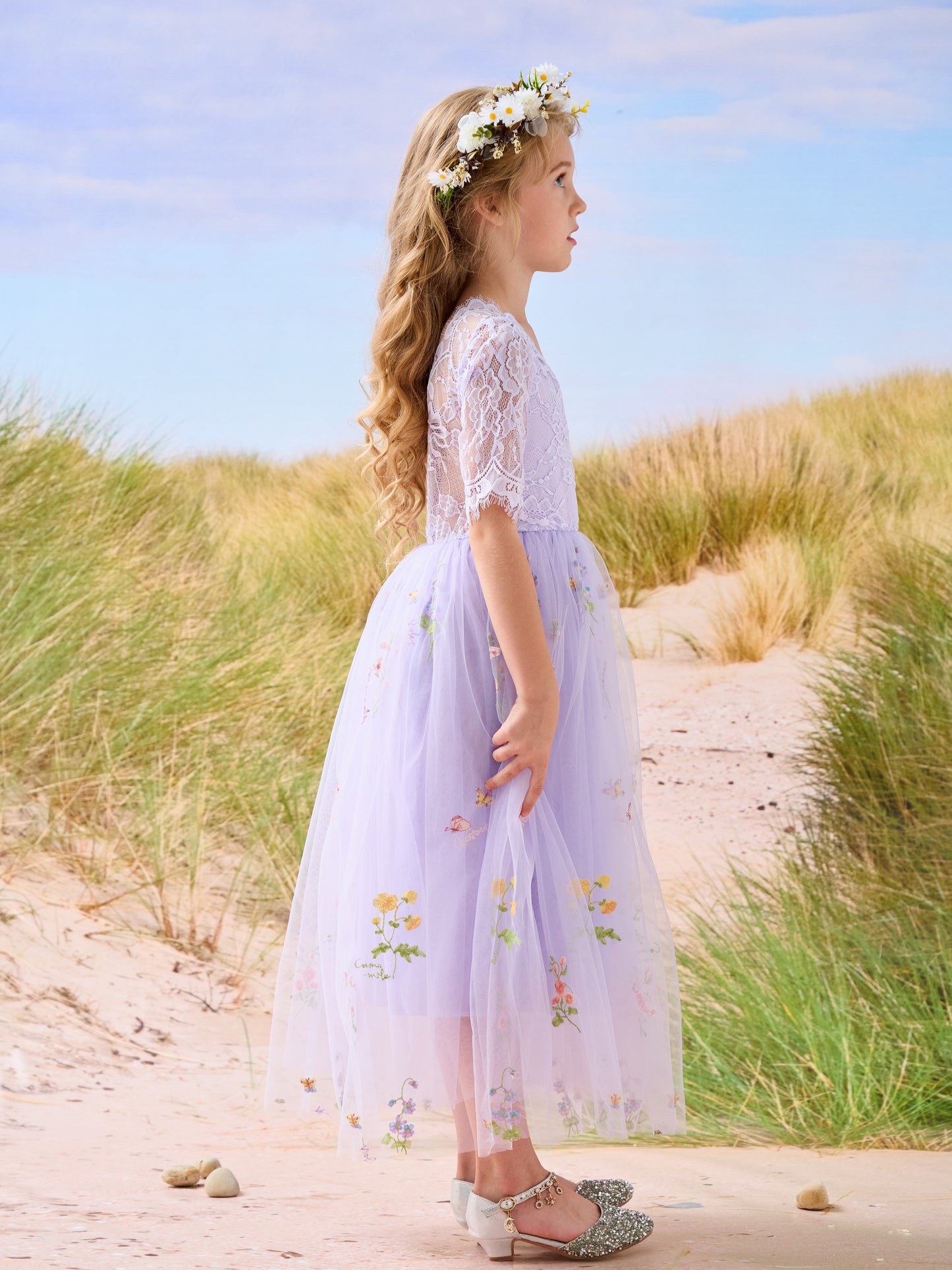 Sage Scoop Neck Cloth Surface and Tulle Flower Girl Dress (2003227581)