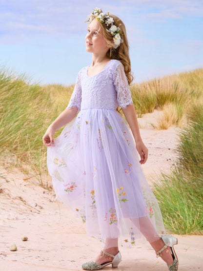 Sage Scoop Neck Cloth Surface and Tulle Flower Girl Dress (2003227581)