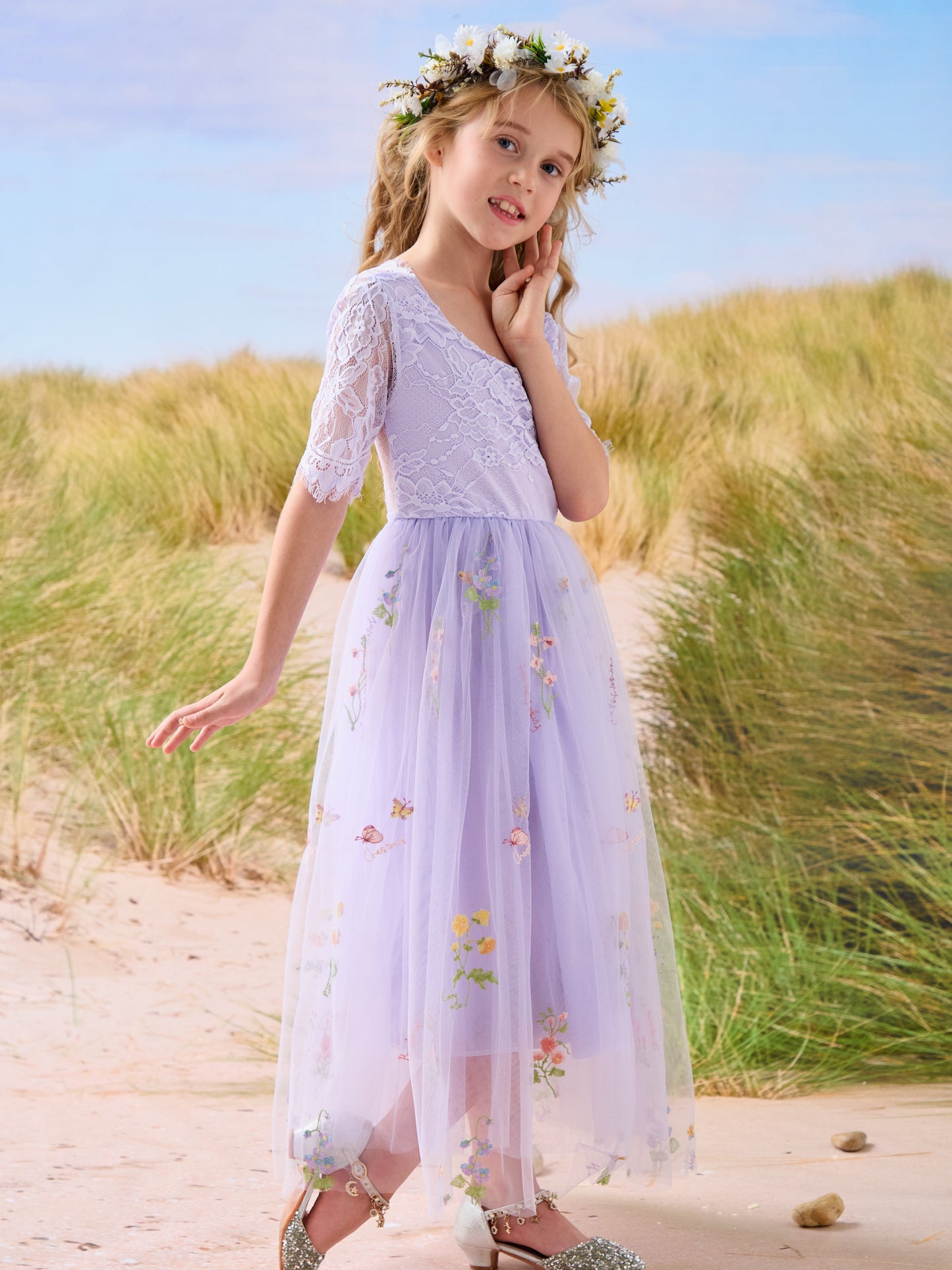 Sage Scoop Neck Cloth Surface and Tulle Flower Girl Dress (2003227581)