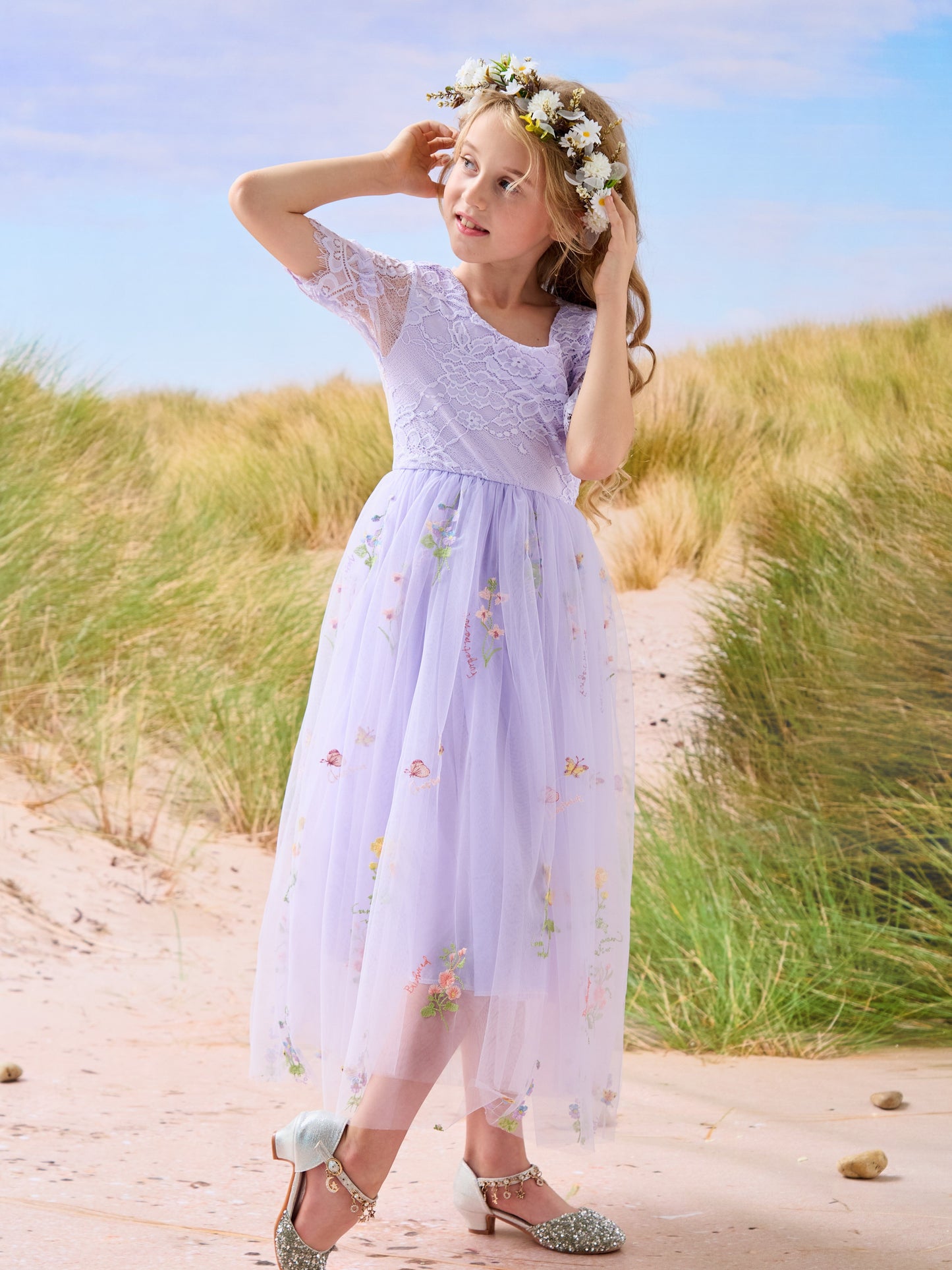 Sage Scoop Neck Cloth Surface and Tulle Flower Girl Dress (2003227581)