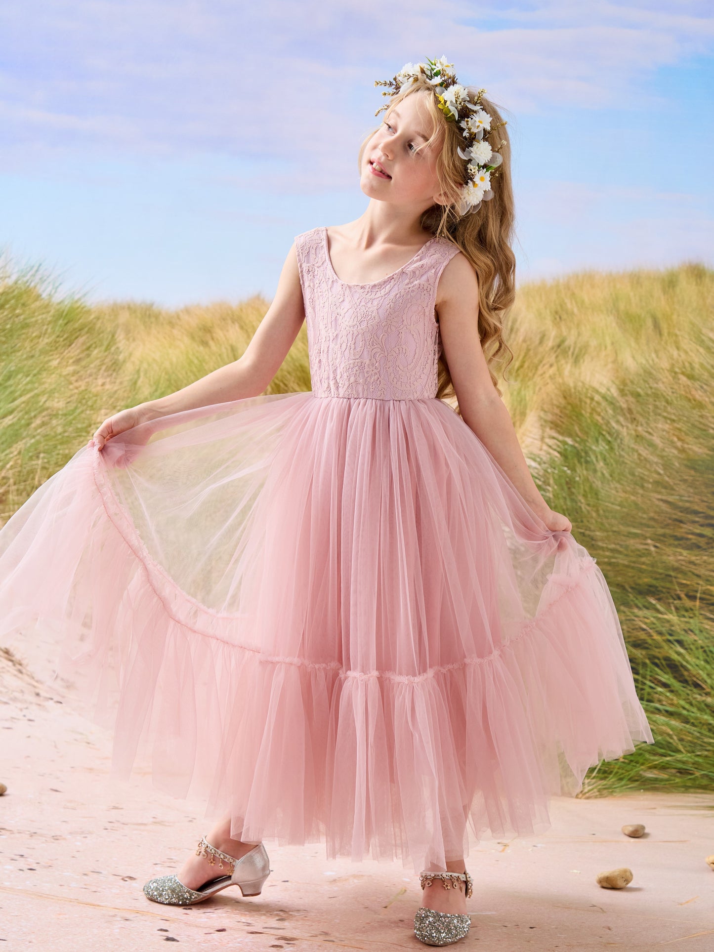 Lace Tulle Floor-length Boho Flower Girl Dress