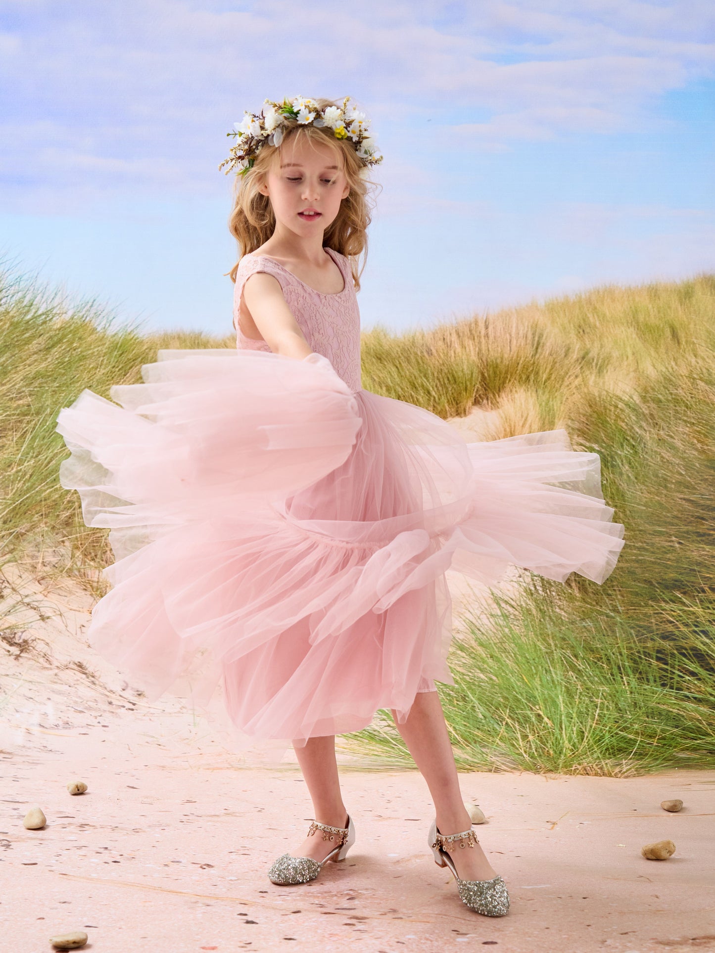 Lace Tulle Floor-length Boho Flower Girl Dress