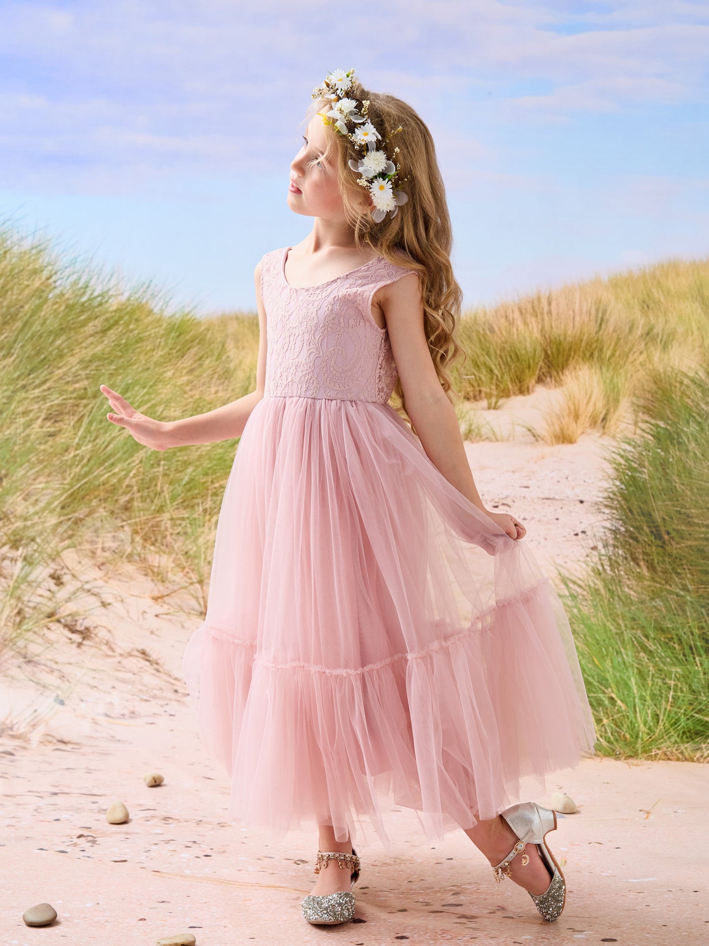 Lace Tulle Floor-length Boho Flower Girl Dress