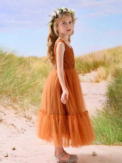 Lace Tulle Floor-length Boho Flower Girl Dress