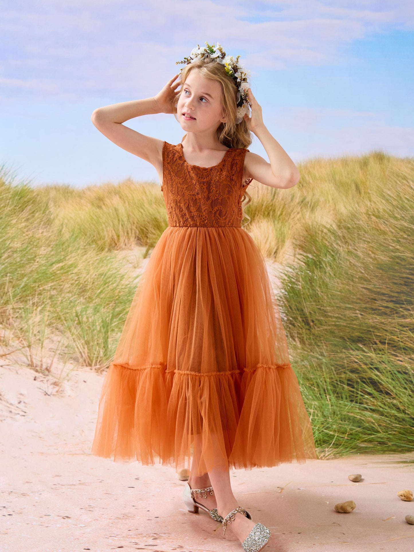 Lace Tulle Floor-length Boho Flower Girl Dress