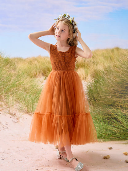 Lace Tulle Floor-length Boho Flower Girl Dress