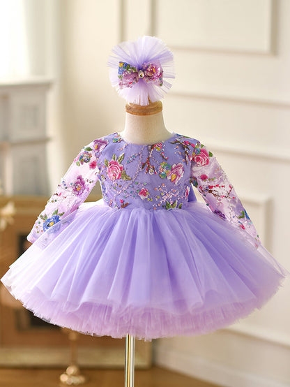 Lilac Sequin Ruffled Long Sleeves Knee-length Baby Girl Dress