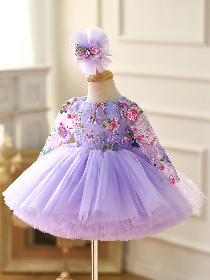 Lilac Sequin Ruffled Long Sleeves Knee-length Baby Girl Dress