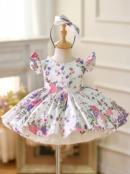 Floral  Puff Sleeves  Knee-length Baby Girl Dress