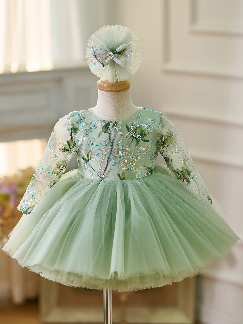 Sage Green Long Sleeves Knee-length Baby Girl Dress