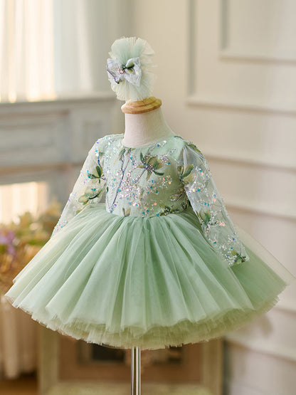 Sage Green Long Sleeves Knee-length Baby Girl Dress