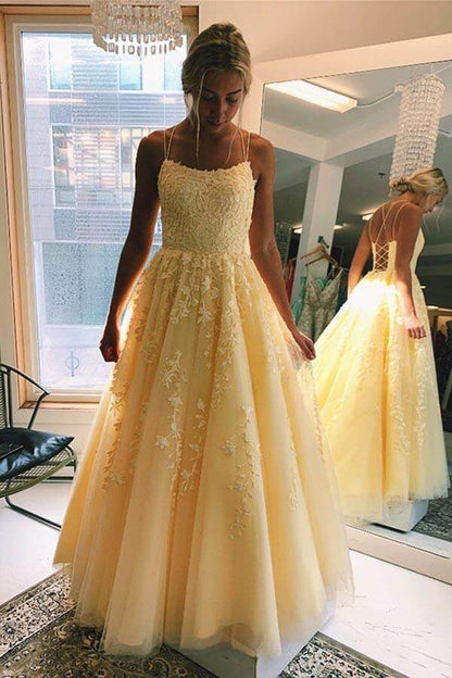 Prom Dresses Daffodil Spaghetti Straps A-Line Tulle Long  With Appliques