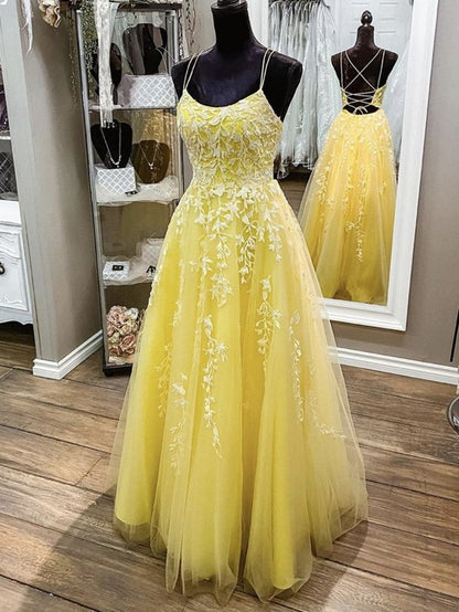 Prom Dresses Daffodil Spaghetti Straps A-Line Tulle Long  With Appliques