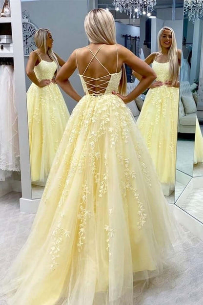 Prom Dresses Daffodil Spaghetti Straps A-Line Tulle Long  With Appliques