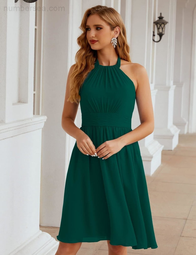 Numbersea Halter Chiffon Bridesmaid Dresses Short Sleeveless Formal Party Dress Open Back SEA28023 - numbersea