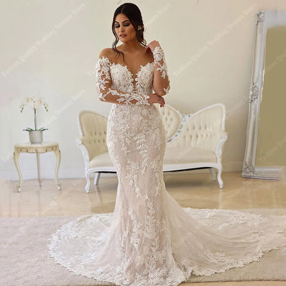 Deep V Neck Wedding Dresses For Women 2024 New Off Shoulder Lace Long Sleeves Mermaid Ball Bridal Gown Vintage Vestidos De Novia