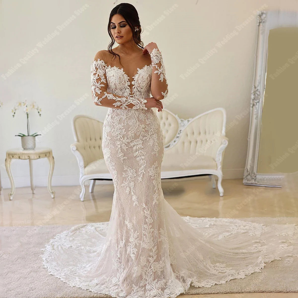 Deep V Neck Wedding Dresses For Women 2024 New Off Shoulder Lace Long Sleeves Mermaid Ball Bridal Gown Vintage Vestidos De Novia