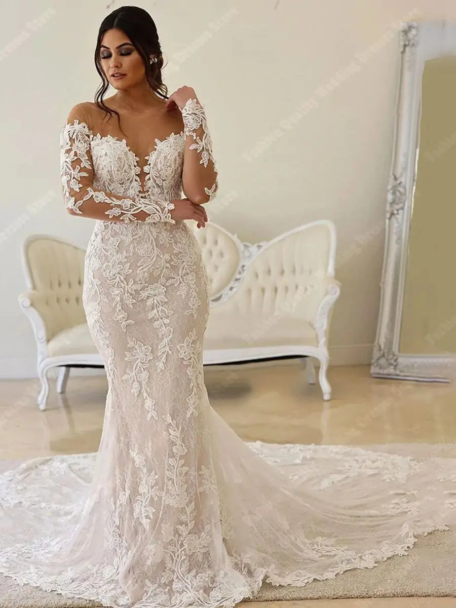 Deep V Neck Wedding Dresses For Women 2024 New Off Shoulder Lace Long Sleeves Mermaid Ball Bridal Gown Vintage Vestidos De Novia