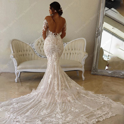 Deep V Neck Wedding Dresses For Women 2024 New Off Shoulder Lace Long Sleeves Mermaid Ball Bridal Gown Vintage Vestidos De Novia