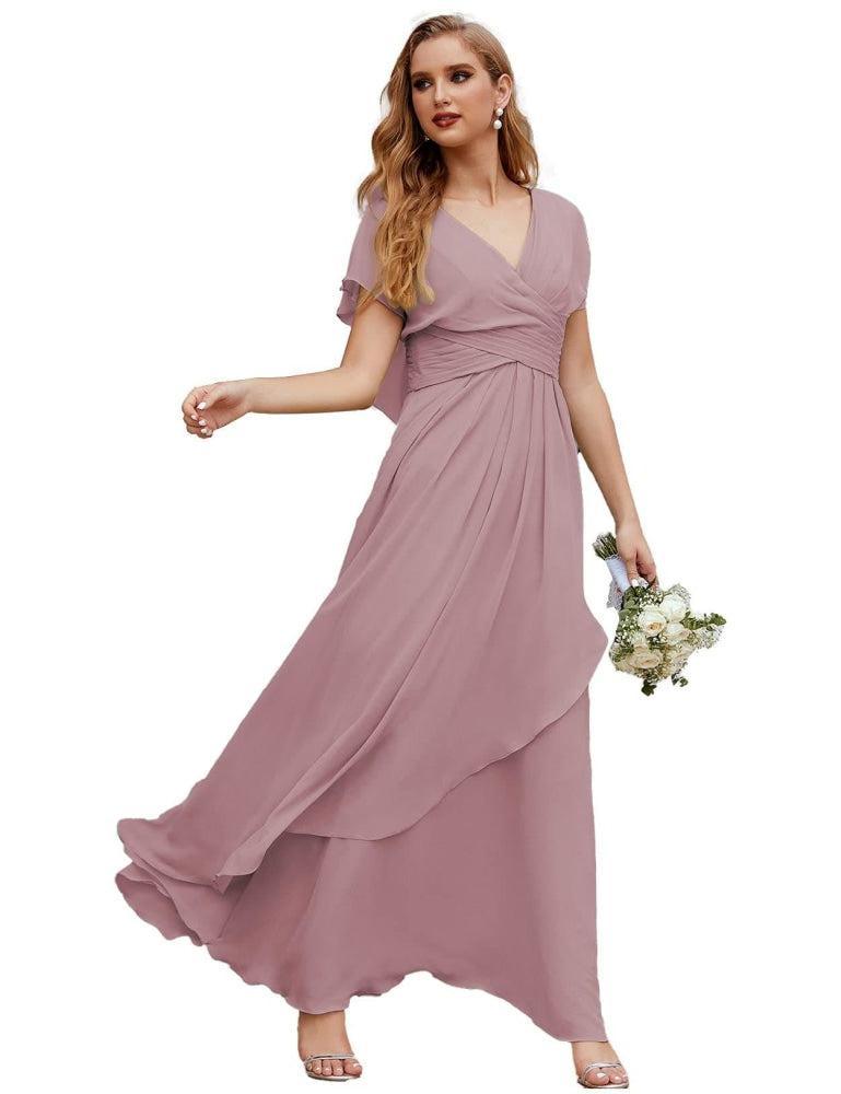 Numbersea Chiffon Bridesmaid Dresses Long Formal Evening Prom Mother of The Bride Dress with Flutter Sleeve  SEA28040-numbersea