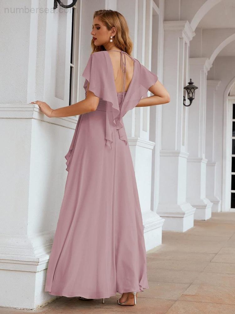 Numbersea Chiffon Bridesmaid Dresses Long Formal Evening Prom Mother of The Bride Dress with Flutter Sleeve  SEA28040-numbersea