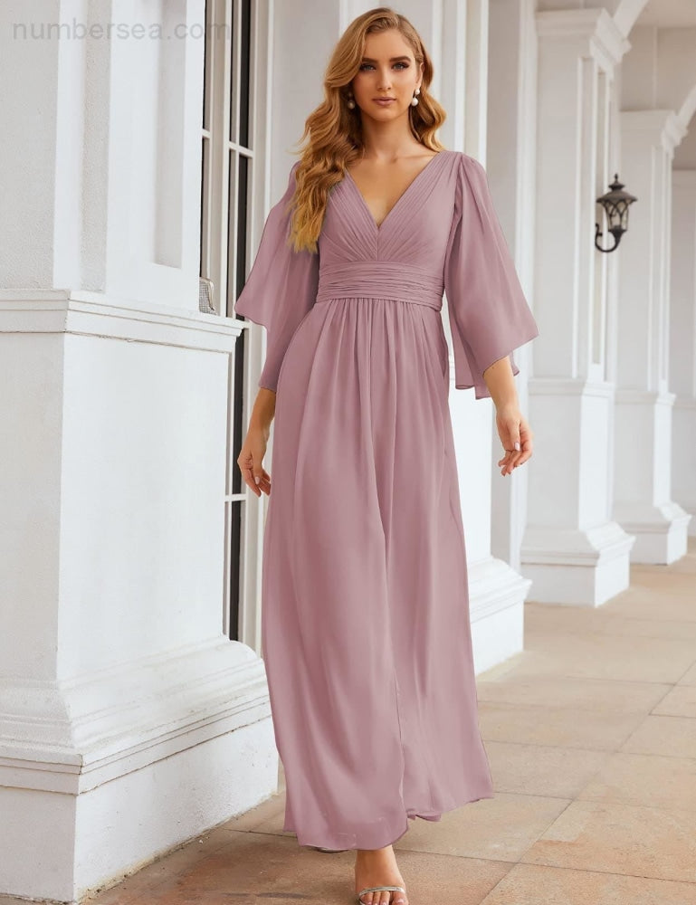 Numbersea Chiffon Bridesmaid Dresses with Split for Women Wedding Long Party Prom Gown Flutter Sleeve SEA28045-numbersea