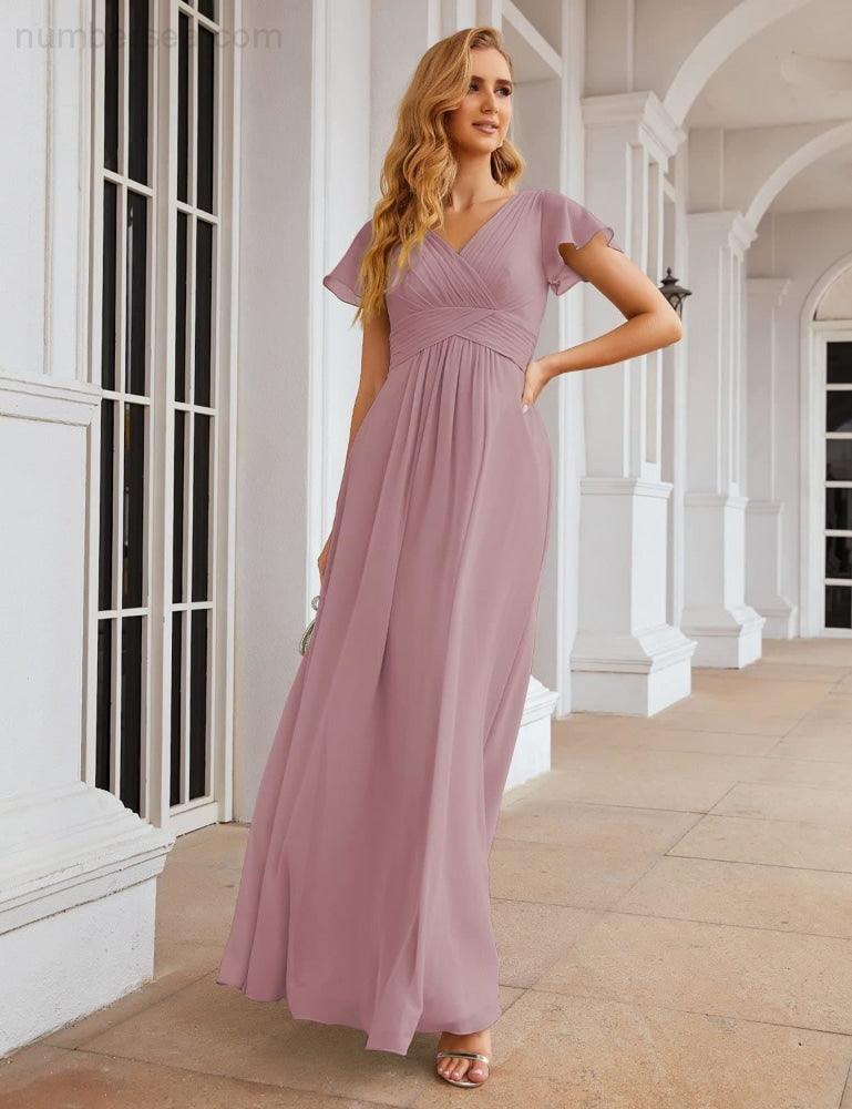 NumberSea - Numbersea Chiffon Bridesmaid Dress Cap Sleeves Maxi Prom Gowns Party Wedding Mother of The Bride Dresses for Women SEA28047