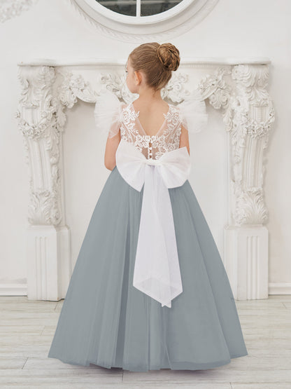 Detachable  Lace Tulle Sweep Train Flower Girl Dress