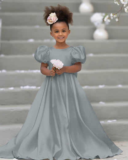 Puff Sleeve Bow Button Back Sweep Train Flower Girl Dress