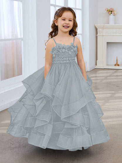 Slate Blue A-Line Princess Sleeveless Tulle Flower Girl Dress