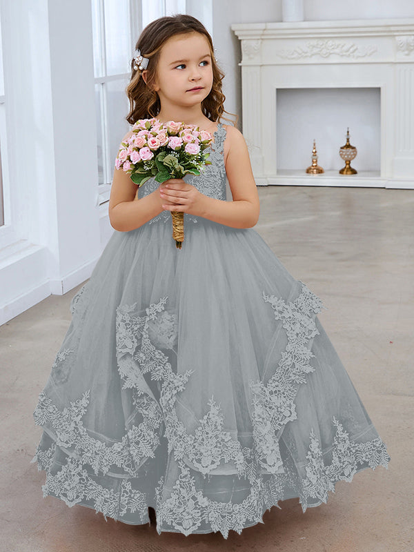 Princess Sleeveless Tulle Gown with Lace Appliques and Sweep Train for Girls