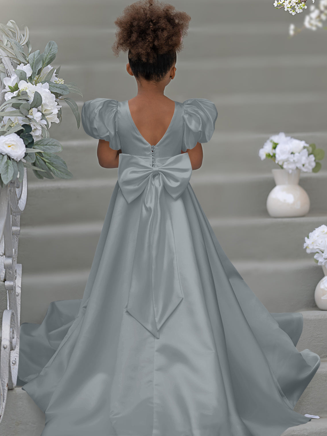 Puff Sleeve Bow Button Back Sweep Train Flower Girl Dress