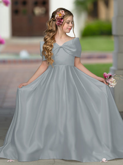 Elegant Ivory Satin Princess Ball Gown with Sweep Train and Bow for Flower Girls