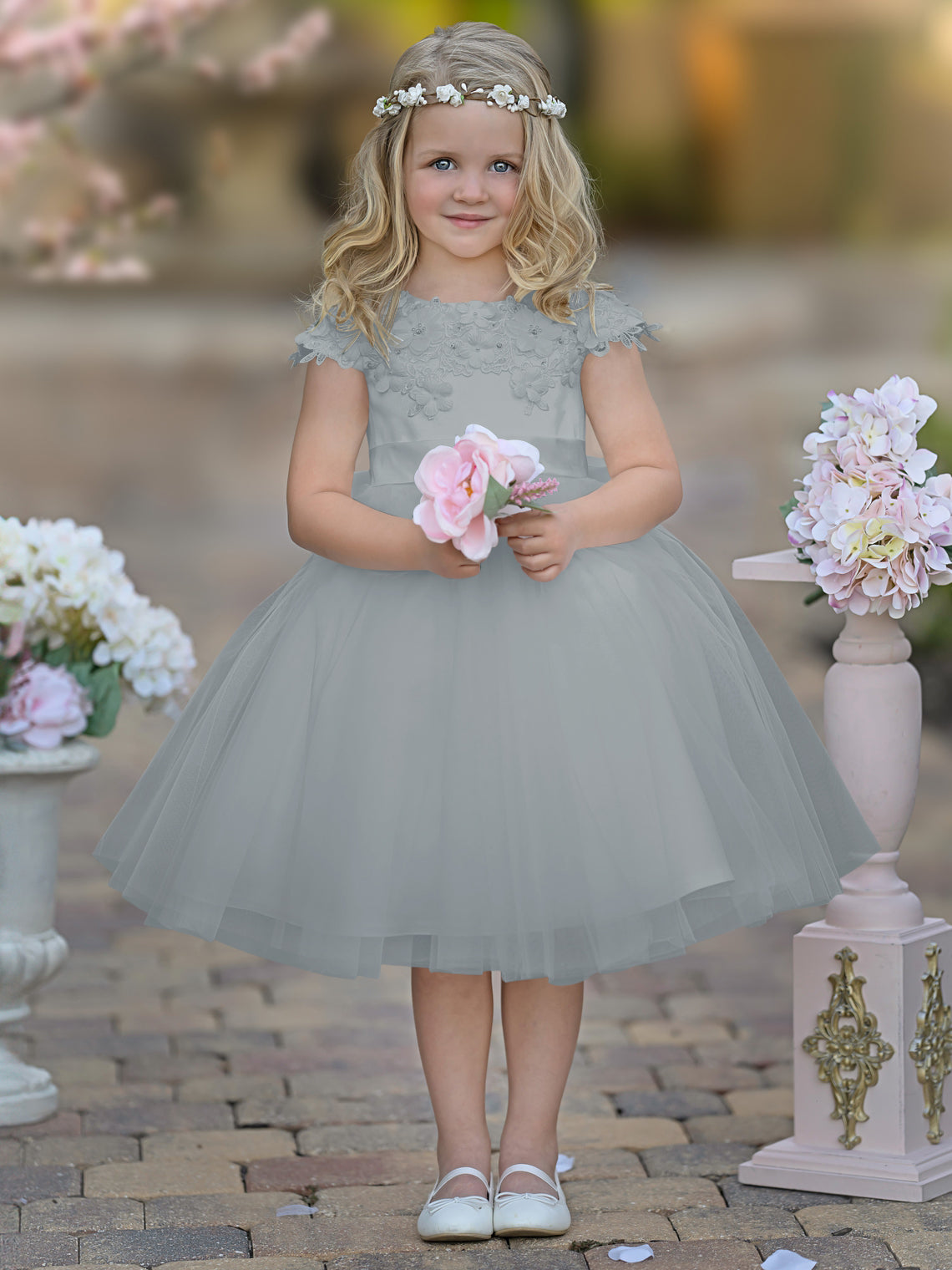 Satin Tulle Tea-length Ivory First Communion Flower Girl Dress