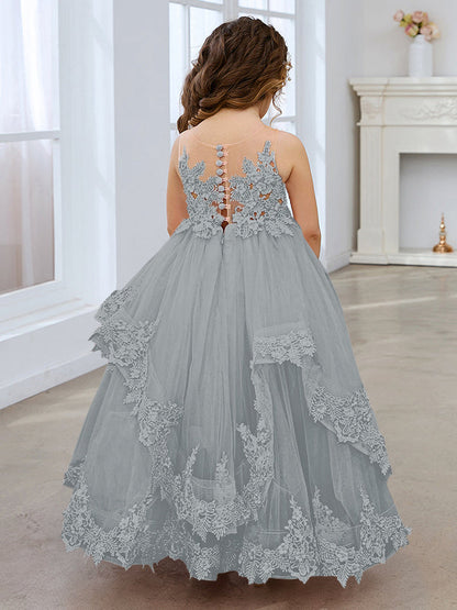 Princess Sleeveless Tulle Gown with Lace Appliques and Sweep Train for Girls