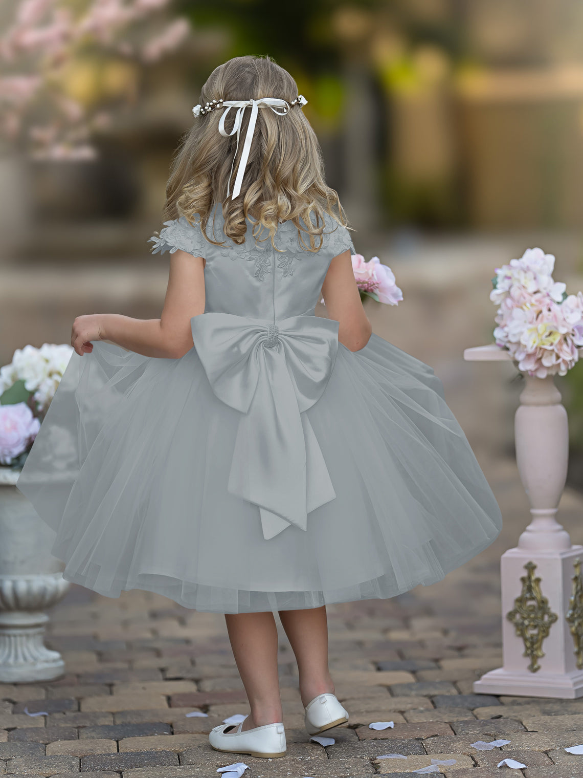 Satin Tulle Tea-length Ivory First Communion Flower Girl Dress