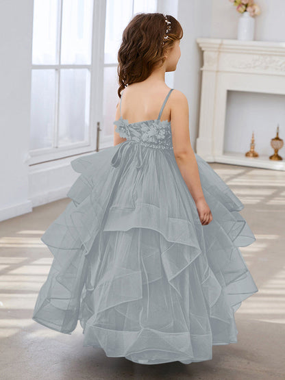 Slate Blue A-Line Princess Sleeveless Tulle Flower Girl Dress