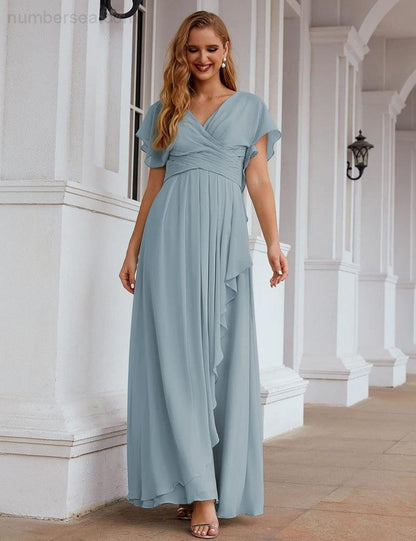 Numbersea Chiffon Bridesmaid Dresses Long Formal Evening Prom Mother of The Bride Dress with Flutter Sleeve  SEA28040-numbersea