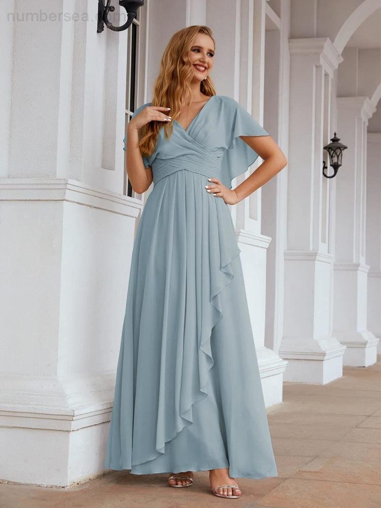 Numbersea Chiffon Bridesmaid Dresses Long Formal Evening Prom Mother of The Bride Dress with Flutter Sleeve  SEA28040-numbersea